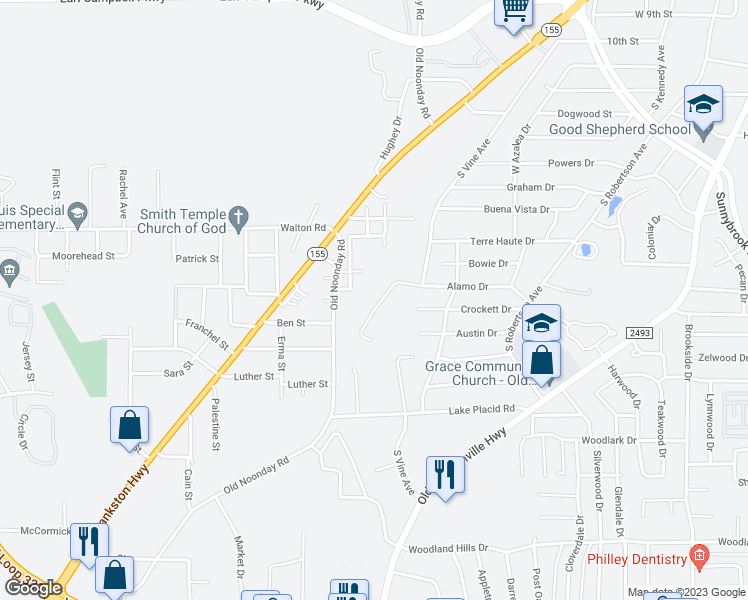 map of restaurants, bars, coffee shops, grocery stores, and more near 1679 Alamo Crossing in Tyler