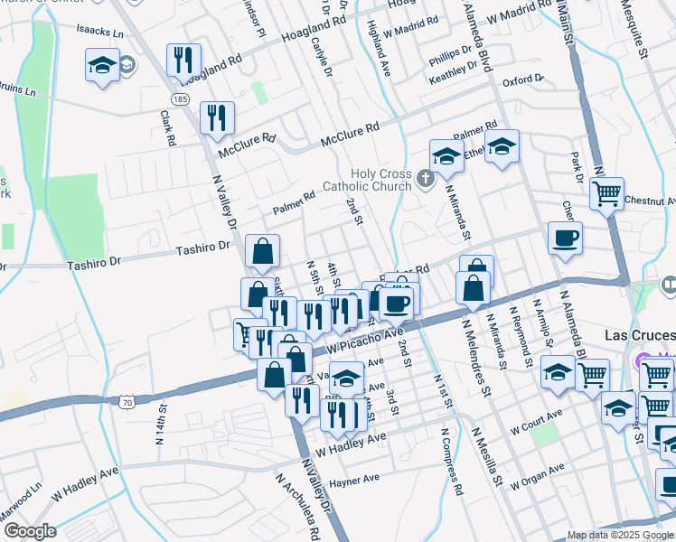 map of restaurants, bars, coffee shops, grocery stores, and more near 1225 3rd Street in Las Cruces
