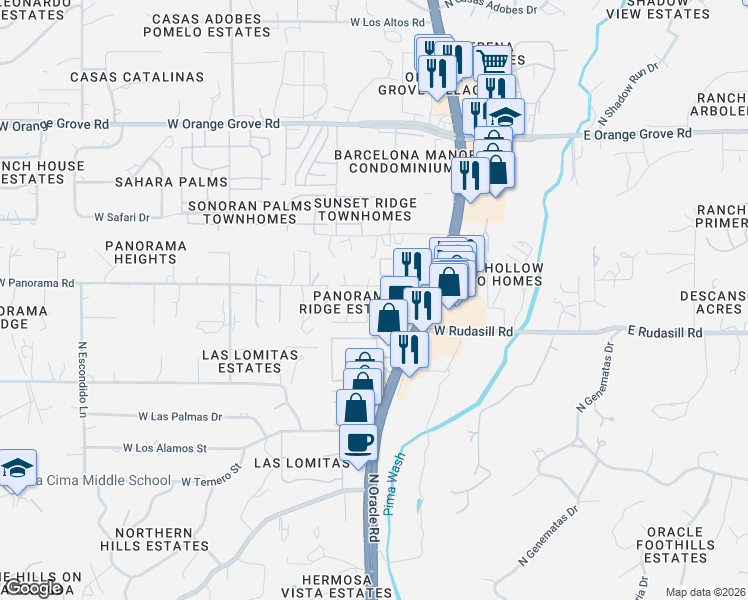 map of restaurants, bars, coffee shops, grocery stores, and more near 620 West Panorama Road in Tucson