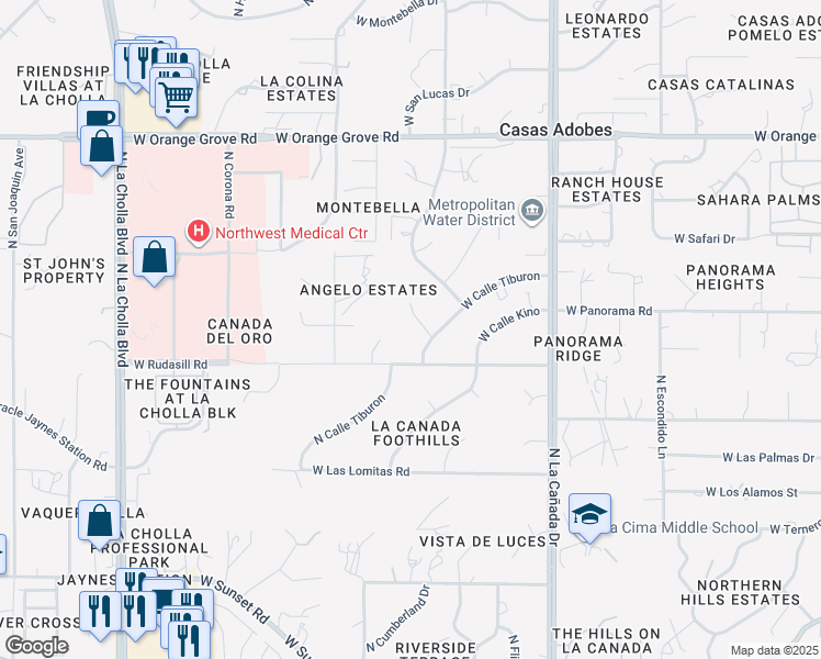 map of restaurants, bars, coffee shops, grocery stores, and more near 6101 North Placita Tiburon in Tucson