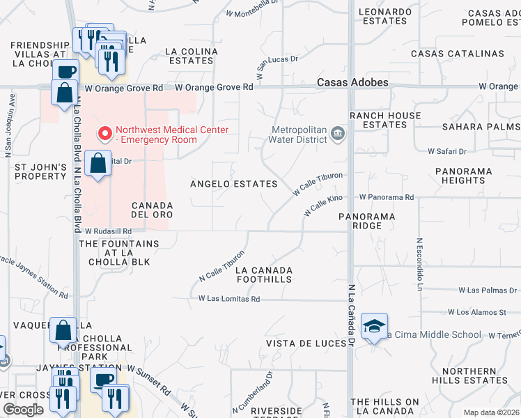 map of restaurants, bars, coffee shops, grocery stores, and more near 6101 North Placita Tiburon in Tucson