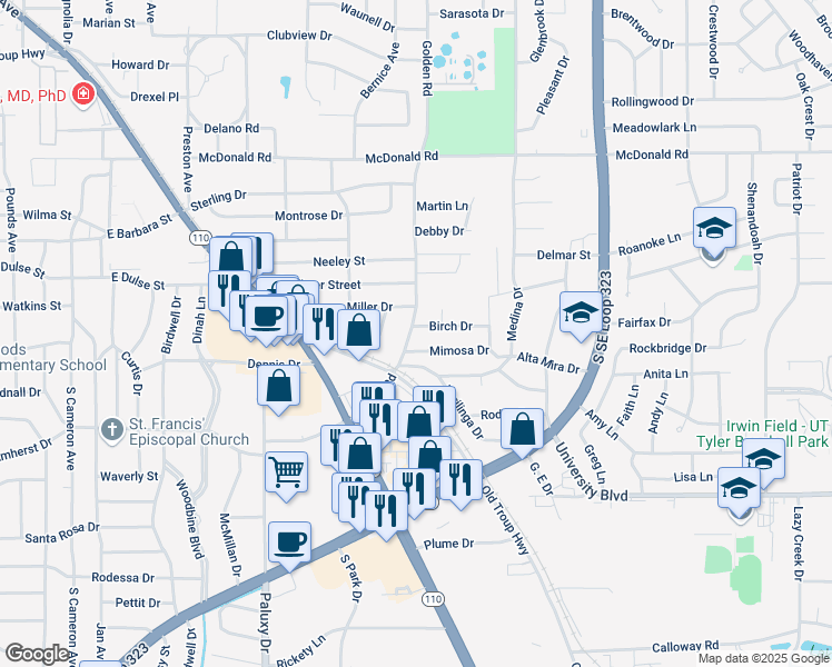 map of restaurants, bars, coffee shops, grocery stores, and more near 2909 Birch Circle in Tyler