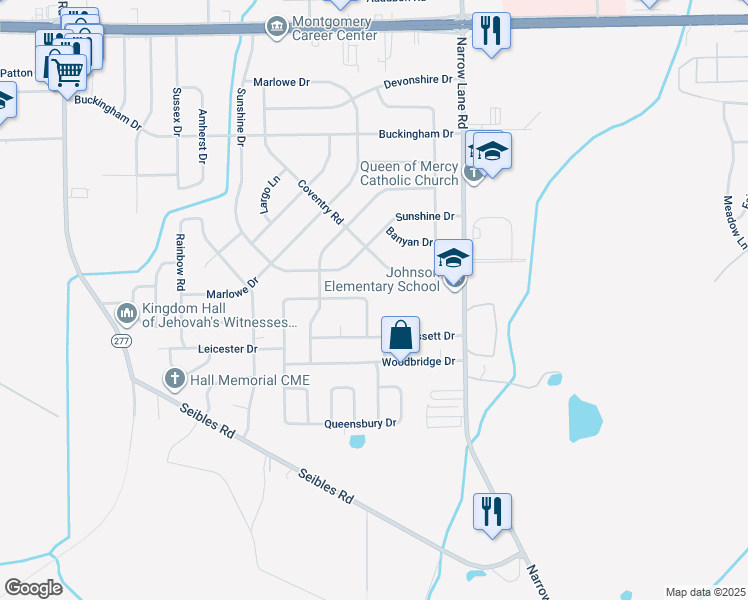 map of restaurants, bars, coffee shops, grocery stores, and more near 1149 Queensbury Drive in Montgomery