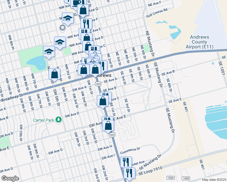map of restaurants, bars, coffee shops, grocery stores, and more near in Andrews