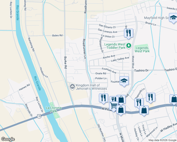 map of restaurants, bars, coffee shops, grocery stores, and more near 1361 Mogollon Road in Las Cruces