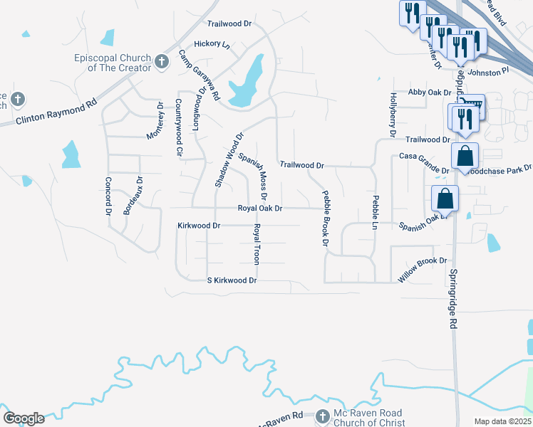 map of restaurants, bars, coffee shops, grocery stores, and more near 214 Royal Oak Drive in Clinton