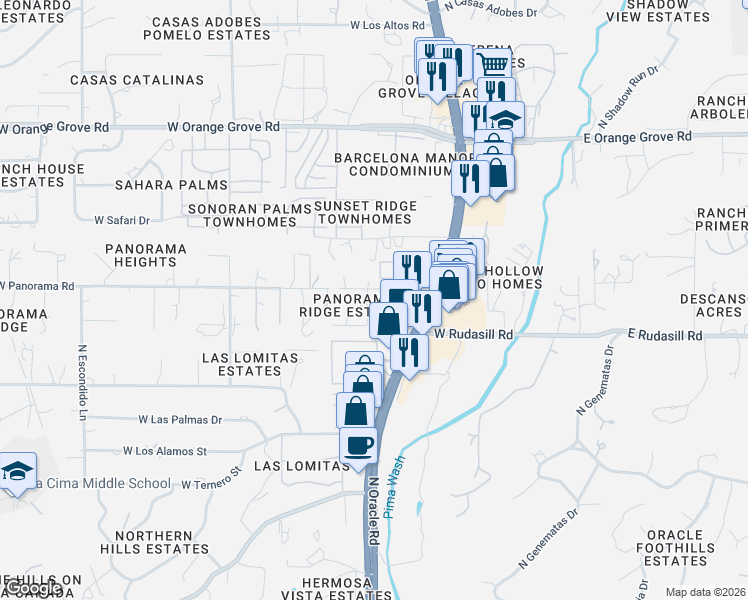 map of restaurants, bars, coffee shops, grocery stores, and more near 620 West Panorama Road in Tucson