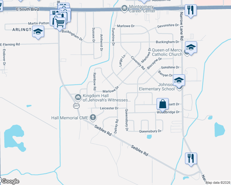 map of restaurants, bars, coffee shops, grocery stores, and more near 4418 Delray Road in Montgomery
