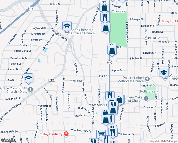 map of restaurants, bars, coffee shops, grocery stores, and more near 310 Glenhaven Drive in Tyler