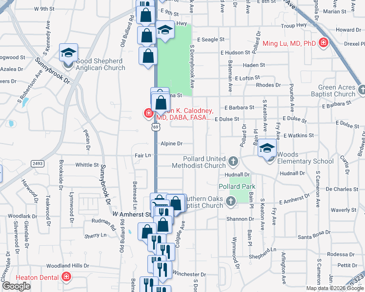 map of restaurants, bars, coffee shops, grocery stores, and more near 301 Alpine Drive in Tyler