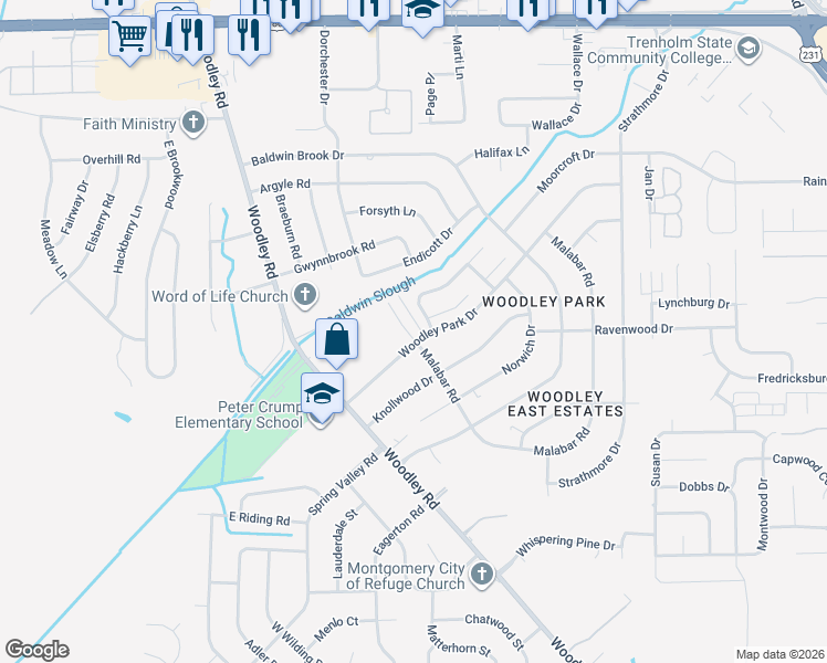 map of restaurants, bars, coffee shops, grocery stores, and more near 2630 Country Brook Drive in Montgomery