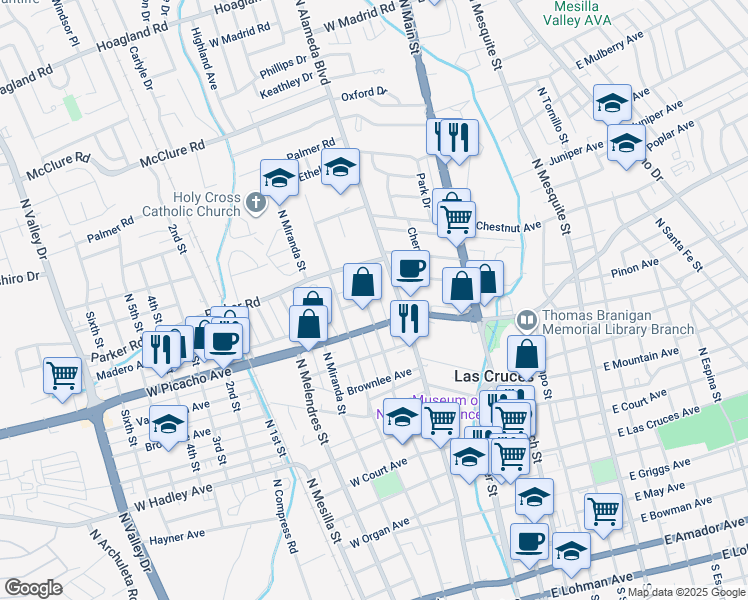 map of restaurants, bars, coffee shops, grocery stores, and more near 1010 North Armijo Street in Las Cruces