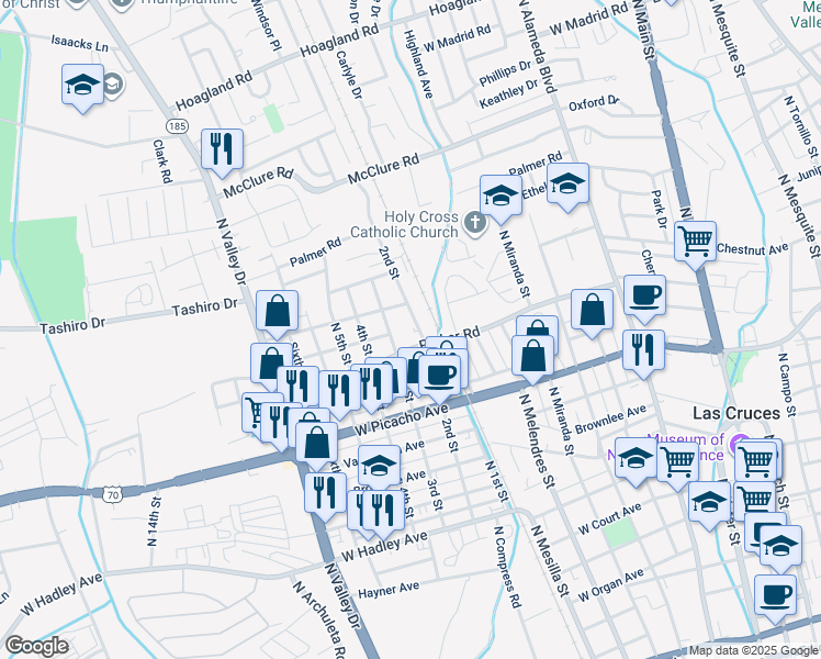 map of restaurants, bars, coffee shops, grocery stores, and more near 1206 2nd Street in Las Cruces