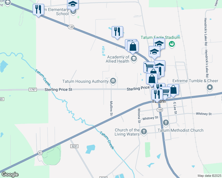 map of restaurants, bars, coffee shops, grocery stores, and more near Sterling Price Street in Tatum