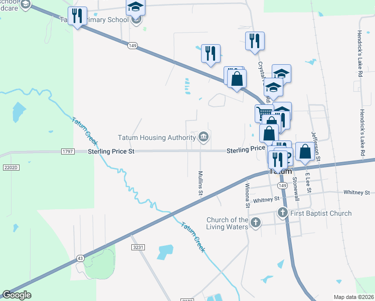 map of restaurants, bars, coffee shops, grocery stores, and more near Sterling Price Street in Tatum