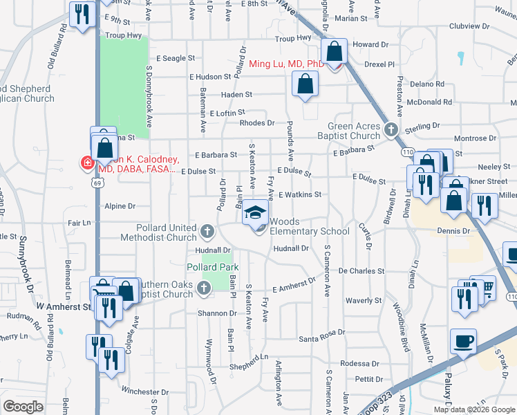 map of restaurants, bars, coffee shops, grocery stores, and more near 905 East Watkins Street in Tyler