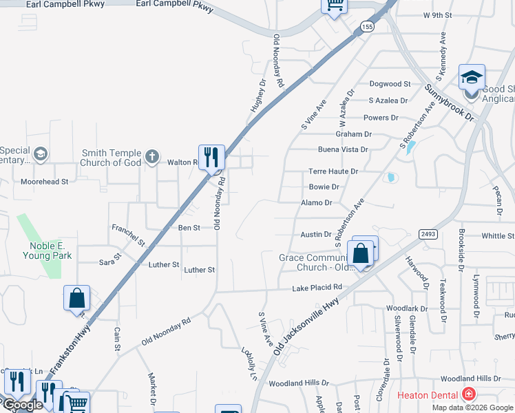 map of restaurants, bars, coffee shops, grocery stores, and more near 1655 Alamo Crossing in Tyler