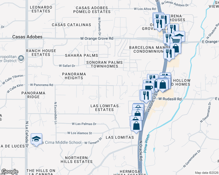 map of restaurants, bars, coffee shops, grocery stores, and more near 850 West Panorama Road in Tucson