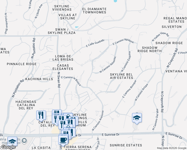 map of restaurants, bars, coffee shops, grocery stores, and more near 6060 North Camino Almonte in Tucson