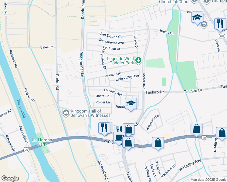map of restaurants, bars, coffee shops, grocery stores, and more near 2906 Fountain Avenue in Las Cruces