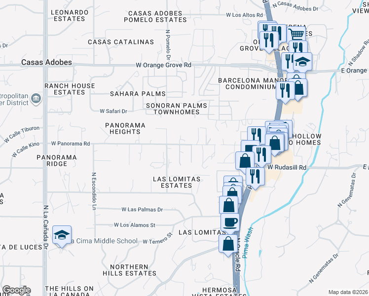 map of restaurants, bars, coffee shops, grocery stores, and more near 850 West Panorama Road in Tucson