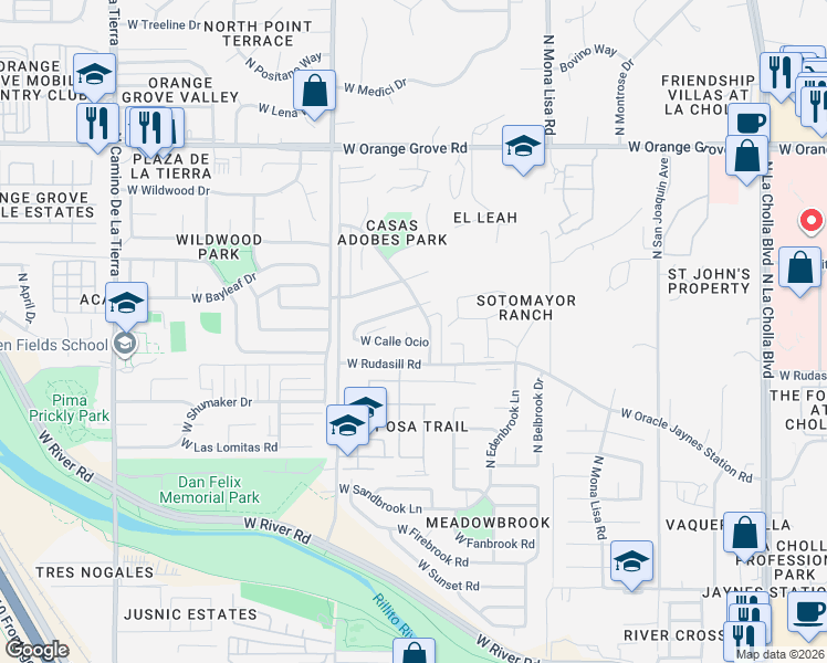 map of restaurants, bars, coffee shops, grocery stores, and more near 6059 North Oracle Jaynes Station Road in Tucson