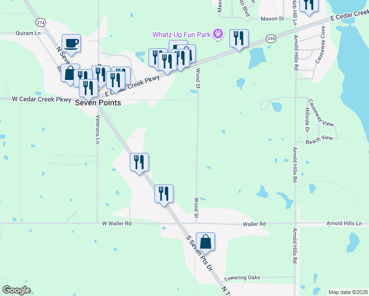 map of restaurants, bars, coffee shops, grocery stores, and more near 421 Wood Road in Seven Points