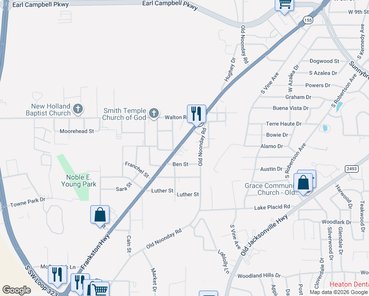 map of restaurants, bars, coffee shops, grocery stores, and more near 2906 Frankston Highway in Tyler