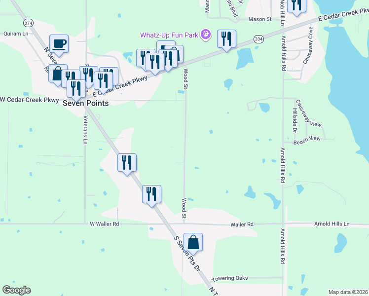 map of restaurants, bars, coffee shops, grocery stores, and more near 421 Wood Road in Seven Points