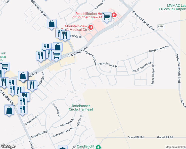 map of restaurants, bars, coffee shops, grocery stores, and more near 3442 Vista Primera Road in Las Cruces