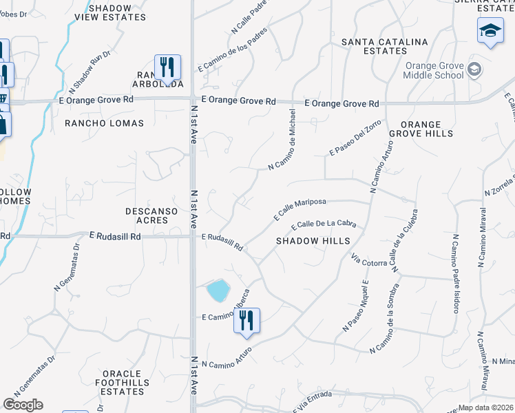 map of restaurants, bars, coffee shops, grocery stores, and more near 1081 East Calle Mariposa in Tucson