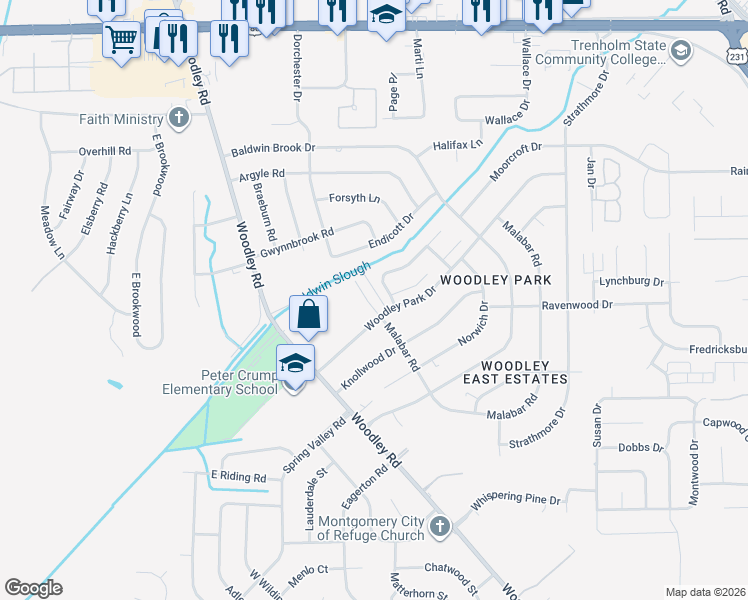map of restaurants, bars, coffee shops, grocery stores, and more near 2630 Country Brook Drive in Montgomery