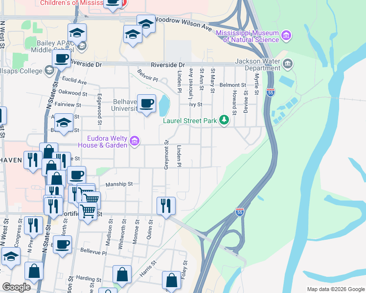 map of restaurants, bars, coffee shops, grocery stores, and more near 1510 Pinehurst Street in Jackson