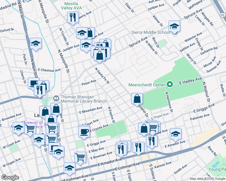 map of restaurants, bars, coffee shops, grocery stores, and more near 1427-1499 Augustine Avenue in Las Cruces