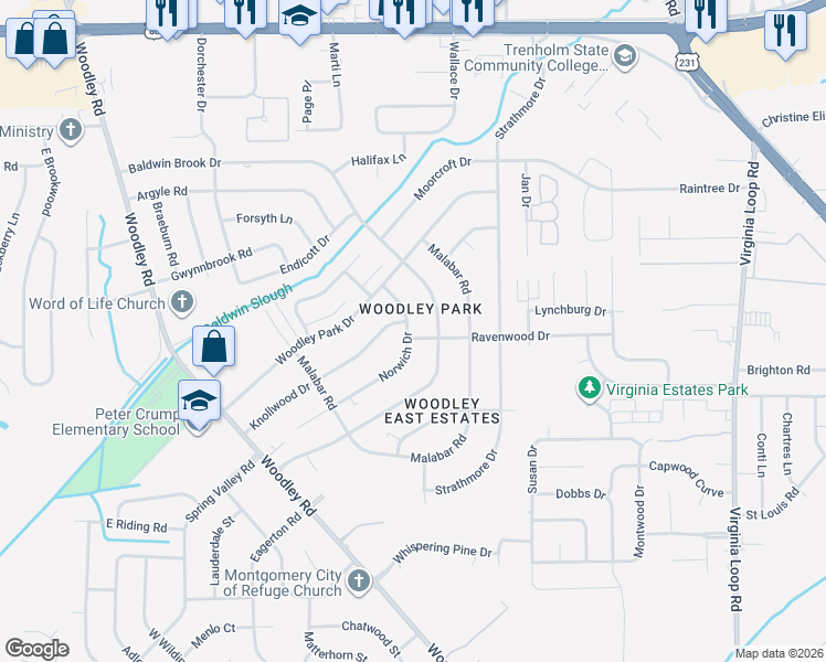 map of restaurants, bars, coffee shops, grocery stores, and more near 2802 Norwich Drive in Montgomery