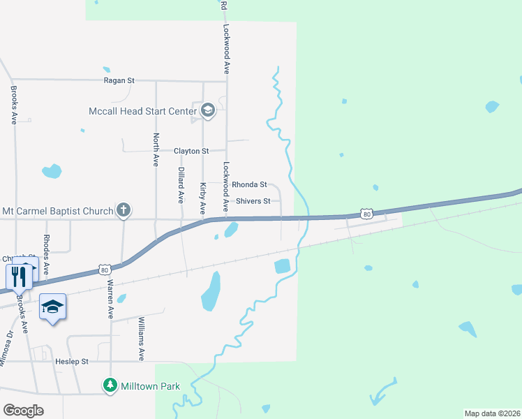 map of restaurants, bars, coffee shops, grocery stores, and more near 116 Shivers Street in Pelahatchie