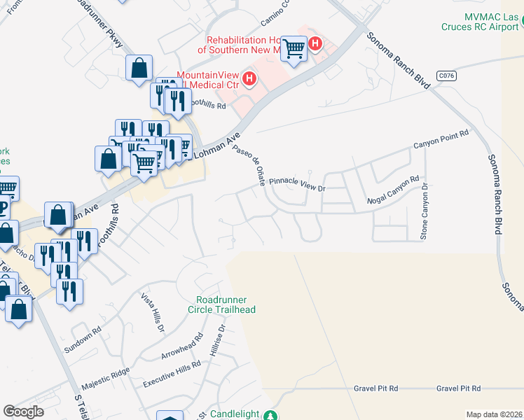 map of restaurants, bars, coffee shops, grocery stores, and more near 3442 Vista Primera Road in Las Cruces