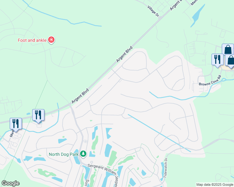 map of restaurants, bars, coffee shops, grocery stores, and more near 607 Northlake Village Court in Bluffton
