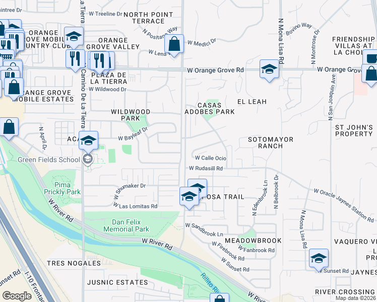map of restaurants, bars, coffee shops, grocery stores, and more near 2878 West Calle Del Huerto in Tucson
