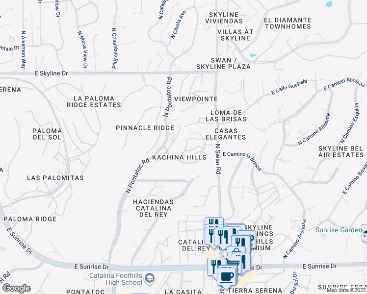 map of restaurants, bars, coffee shops, grocery stores, and more near 6225 North Pascola Circle in Tucson