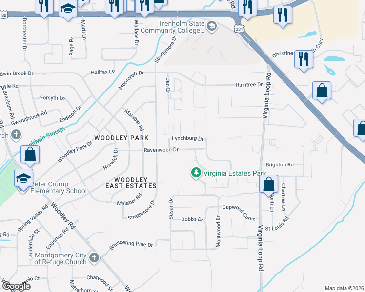 map of restaurants, bars, coffee shops, grocery stores, and more near 3144 Lynchburg Drive in Montgomery