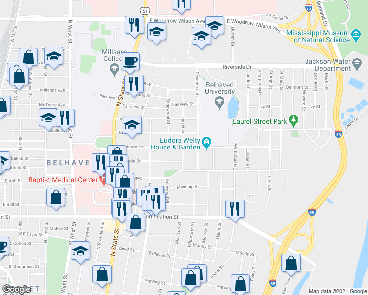 map of restaurants, bars, coffee shops, grocery stores, and more near 934 Pinehurst Street in Jackson