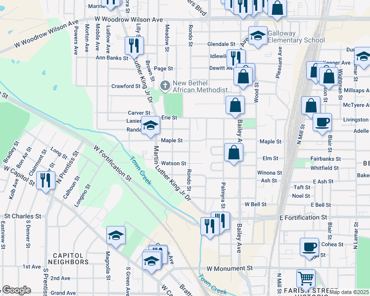 map of restaurants, bars, coffee shops, grocery stores, and more near 623 Maple Street in Jackson