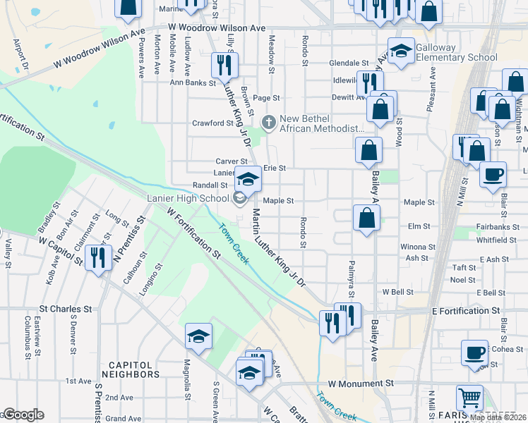 map of restaurants, bars, coffee shops, grocery stores, and more near 721 Maple Street in Jackson