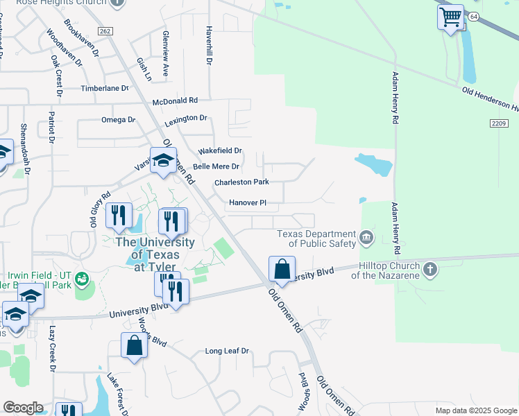 map of restaurants, bars, coffee shops, grocery stores, and more near 3957 Hanover Place in Tyler