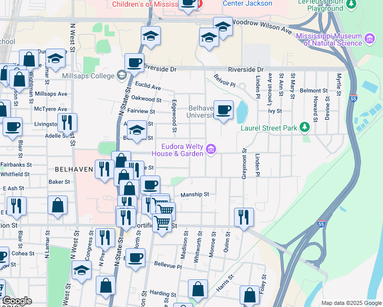 map of restaurants, bars, coffee shops, grocery stores, and more near 934 Pinehurst Street in Jackson