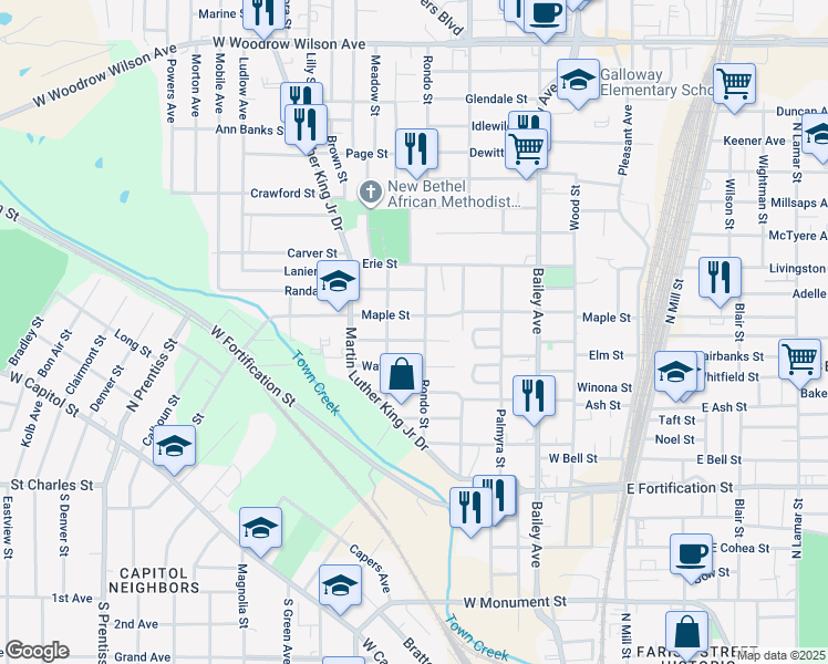 map of restaurants, bars, coffee shops, grocery stores, and more near 623 Maple Street in Jackson