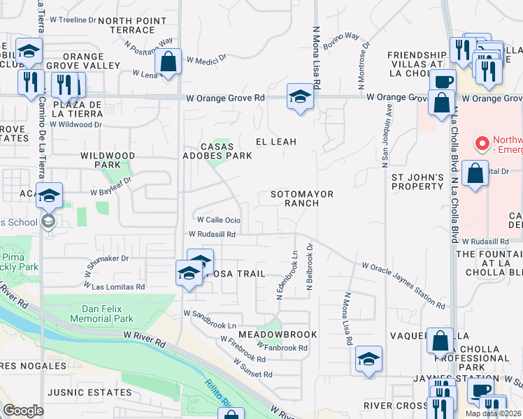 map of restaurants, bars, coffee shops, grocery stores, and more near 2667 West Calle Senor Roberto in Tucson