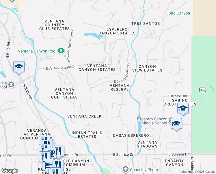 map of restaurants, bars, coffee shops, grocery stores, and more near 7343 East Autumn Dusk Place in Tucson