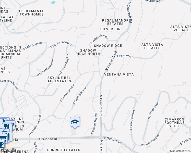map of restaurants, bars, coffee shops, grocery stores, and more near 6060 North Camino Arizpe in Tucson